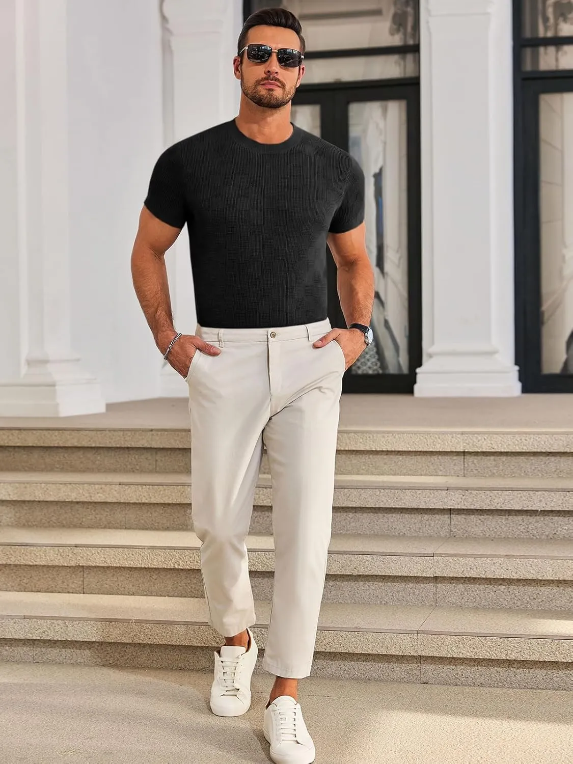 Runcati Mens Knit Short Sleeve T-Shirts Casual Crewneck Cotton Stretch Pullover Tees Summer Textured Tops