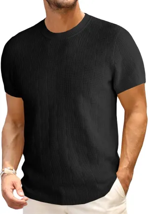Runcati Mens Knit Short Sleeve T-Shirts Casual Crewneck Cotton Stretch Pullover Tees Summer Textured Tops