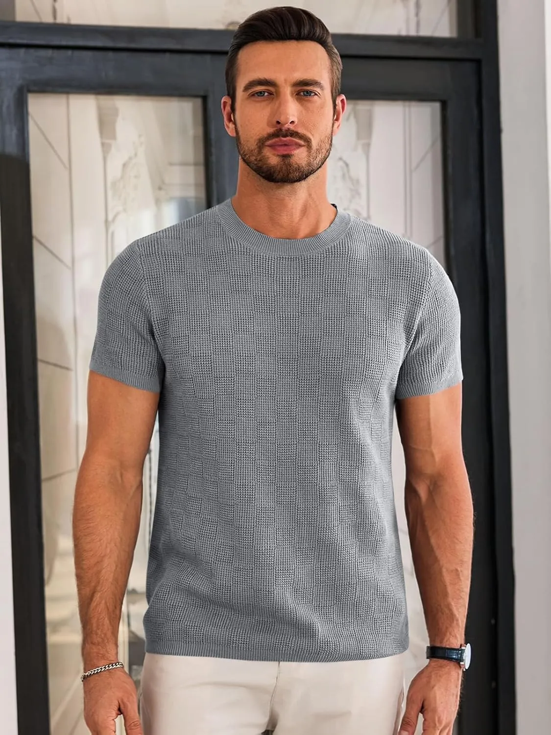 Runcati Mens Knit Short Sleeve T-Shirts Casual Crewneck Cotton Stretch Pullover Tees Summer Textured Tops