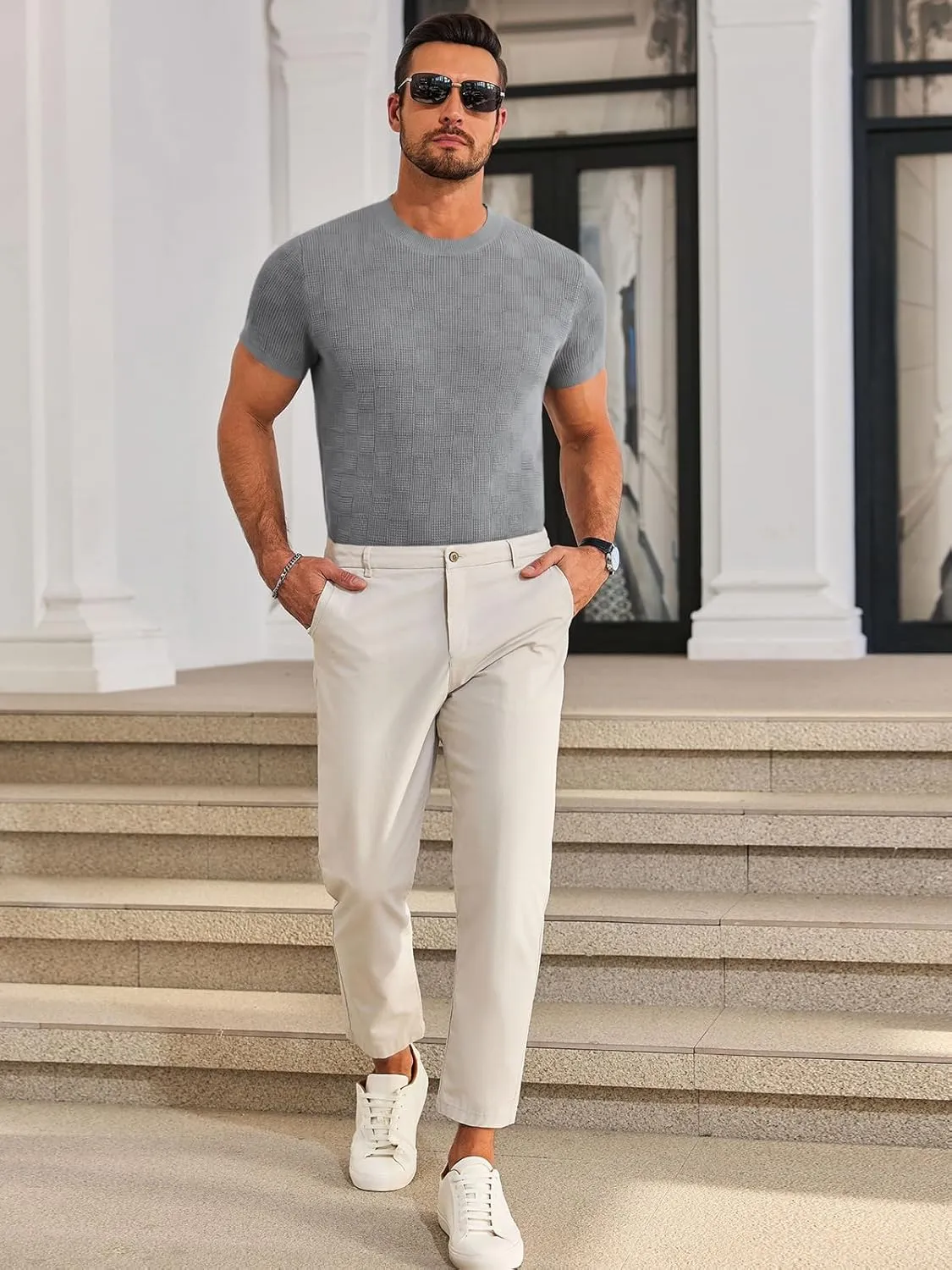 Runcati Mens Knit Short Sleeve T-Shirts Casual Crewneck Cotton Stretch Pullover Tees Summer Textured Tops