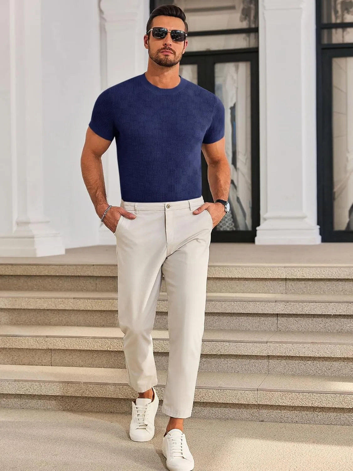 Runcati Mens Knit Short Sleeve T-Shirts Casual Crewneck Cotton Stretch Pullover Tees Summer Textured Tops