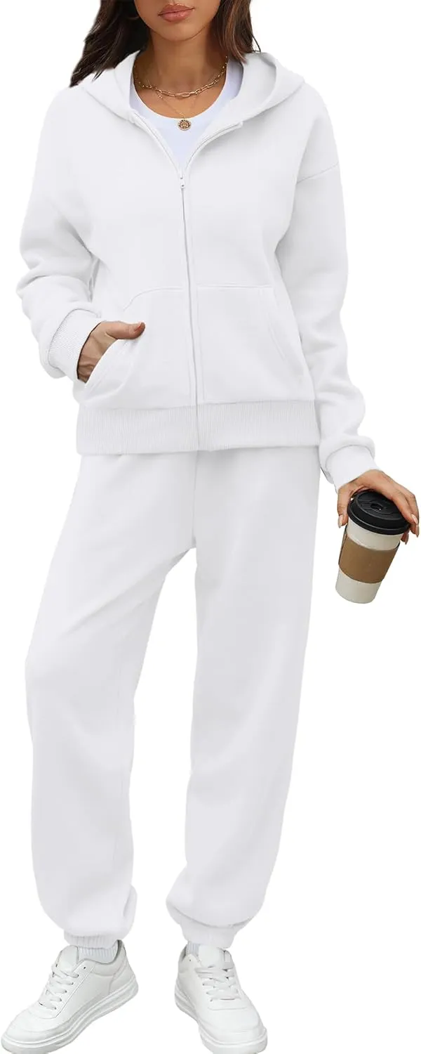 Saloogoe Sweatsuits Women 2 Piece Outfits 2024 Fall Fleece Sweatshirt Sets Zip Up Hoodie Sets Travel Lounge Sets