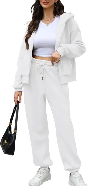 Saloogoe Sweatsuits Women 2 Piece Outfits 2024 Fall Fleece Sweatshirt Sets Zip Up Hoodie Sets Travel Lounge Sets