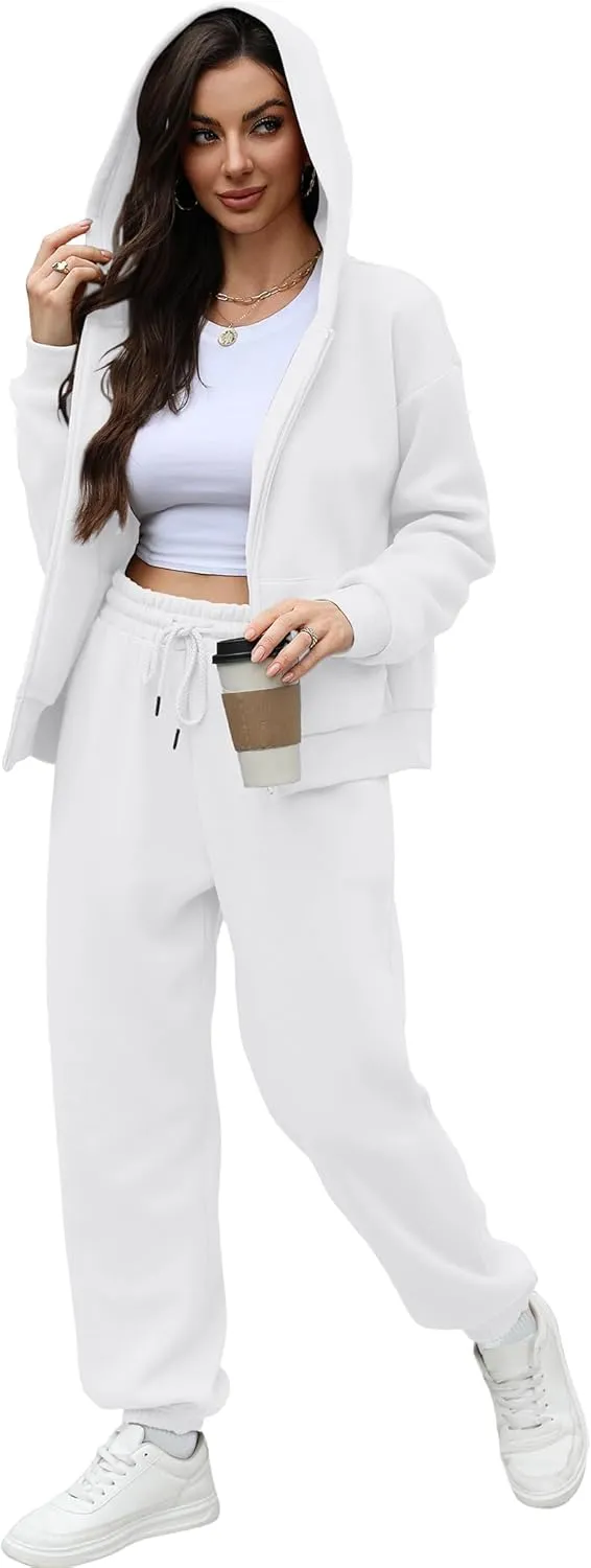 Saloogoe Sweatsuits Women 2 Piece Outfits 2024 Fall Fleece Sweatshirt Sets Zip Up Hoodie Sets Travel Lounge Sets
