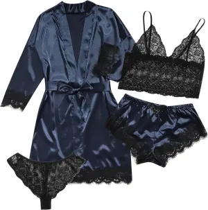 Satin Pajamas for Women 4 Piece Pjs Sets Kimono Robes and Lace Lingerie Sets Cami Nightgowns Bridesmaid Pajama Sets