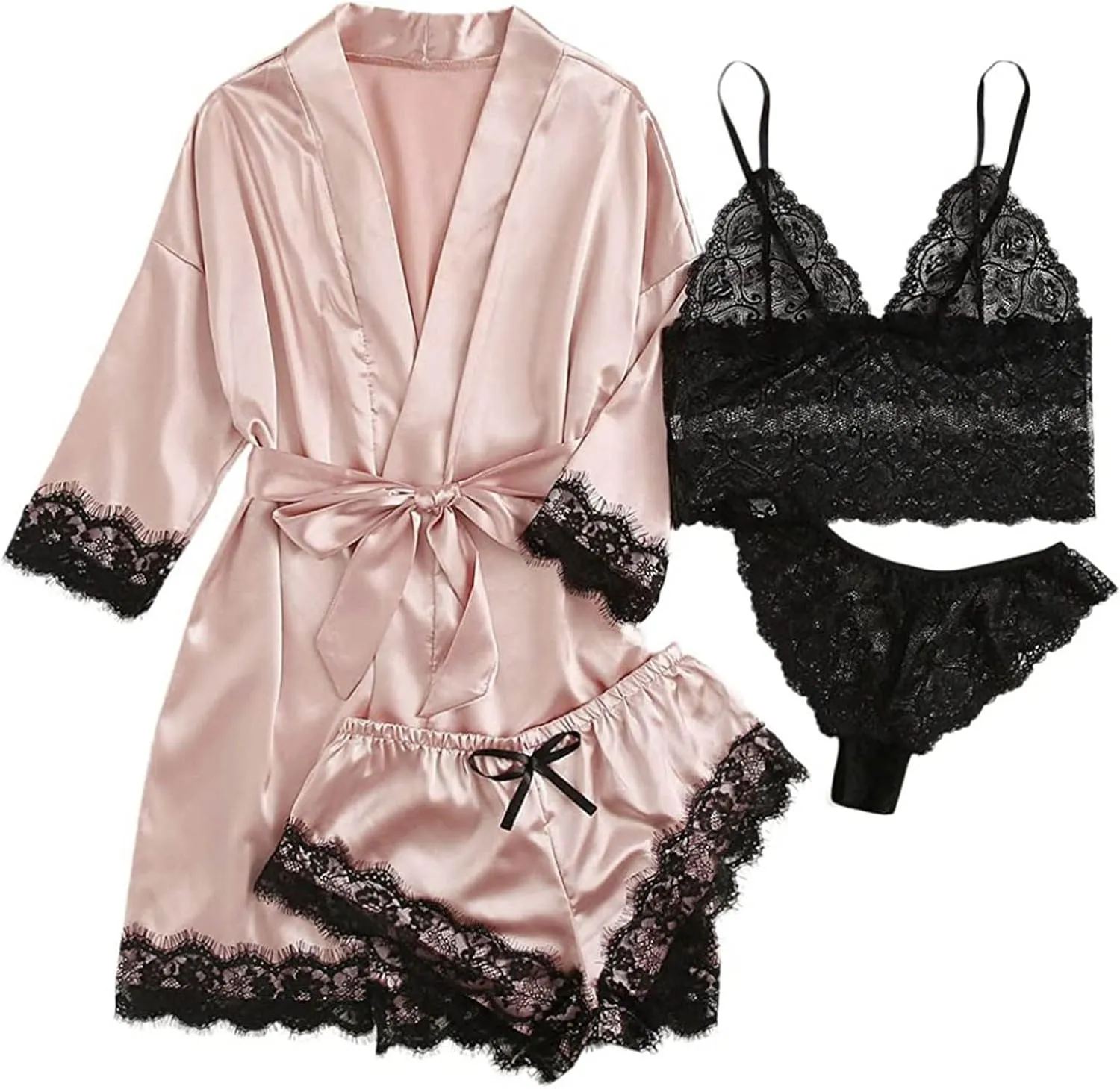 Satin Pajamas for Women 4 Piece Pjs Sets Kimono Robes and Lace Lingerie Sets Cami Nightgowns Bridesmaid Pajama Sets