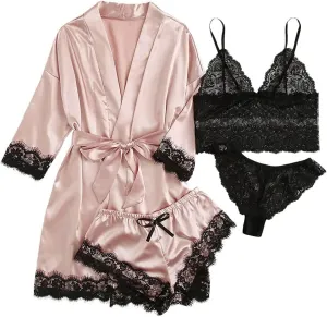 Satin Pajamas for Women 4 Piece Pjs Sets Kimono Robes and Lace Lingerie Sets Cami Nightgowns Bridesmaid Pajama Sets