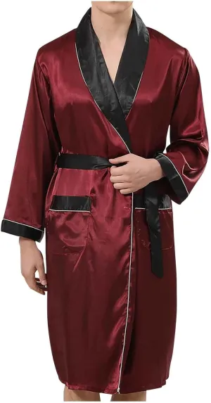 Satin Robe for Men Long Sleeve Silk Kimono Bathrobe with Shorts Lightweight Sleepwear Home Long Pajamas with Pocket