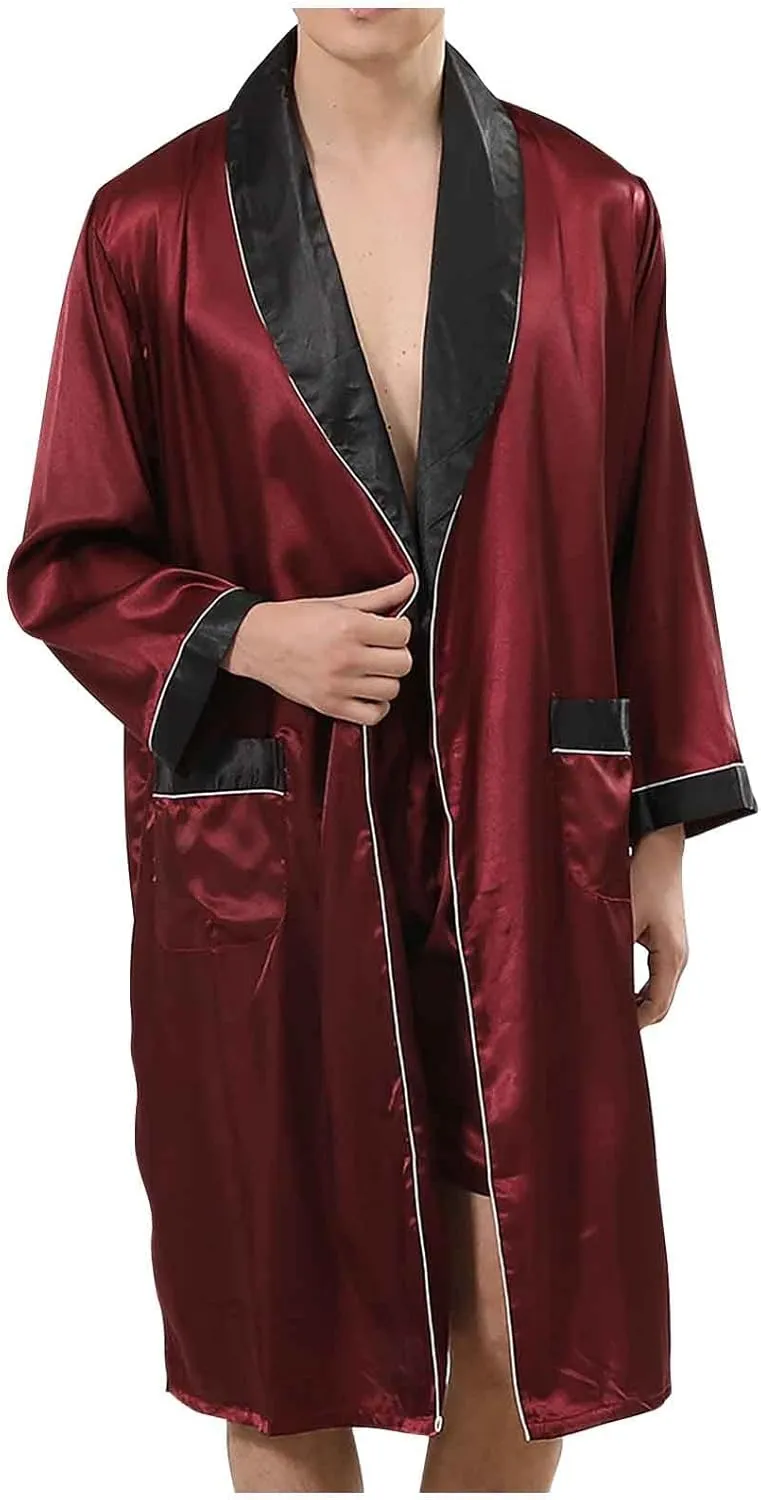 Satin Robe for Men Long Sleeve Silk Kimono Bathrobe with Shorts Lightweight Sleepwear Home Long Pajamas with Pocket