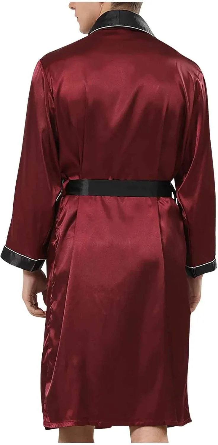 Satin Robe for Men Long Sleeve Silk Kimono Bathrobe with Shorts Lightweight Sleepwear Home Long Pajamas with Pocket