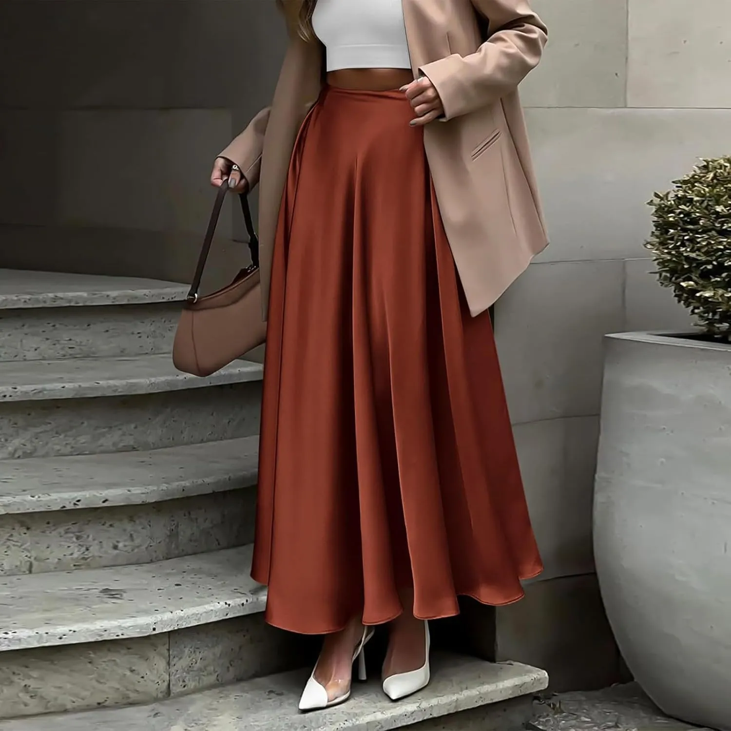 Satin Skirts for Women 2025 Summer Vacation Elastic High Waisted A Line Slip Skirt Elegant Work Office Flowy Long Maxi Skirt