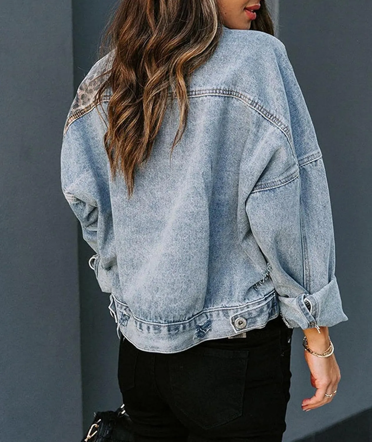 Sexyshine Women's Distressed Ripped Denim Jackets Leopard Patchwork long Sleeve Button Down Winter Fall Jeans Outwear Coats