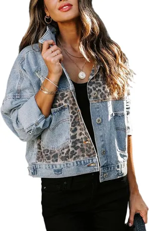 Sexyshine Women's Distressed Ripped Denim Jackets Leopard Patchwork long Sleeve Button Down Winter Fall Jeans Outwear Coats
