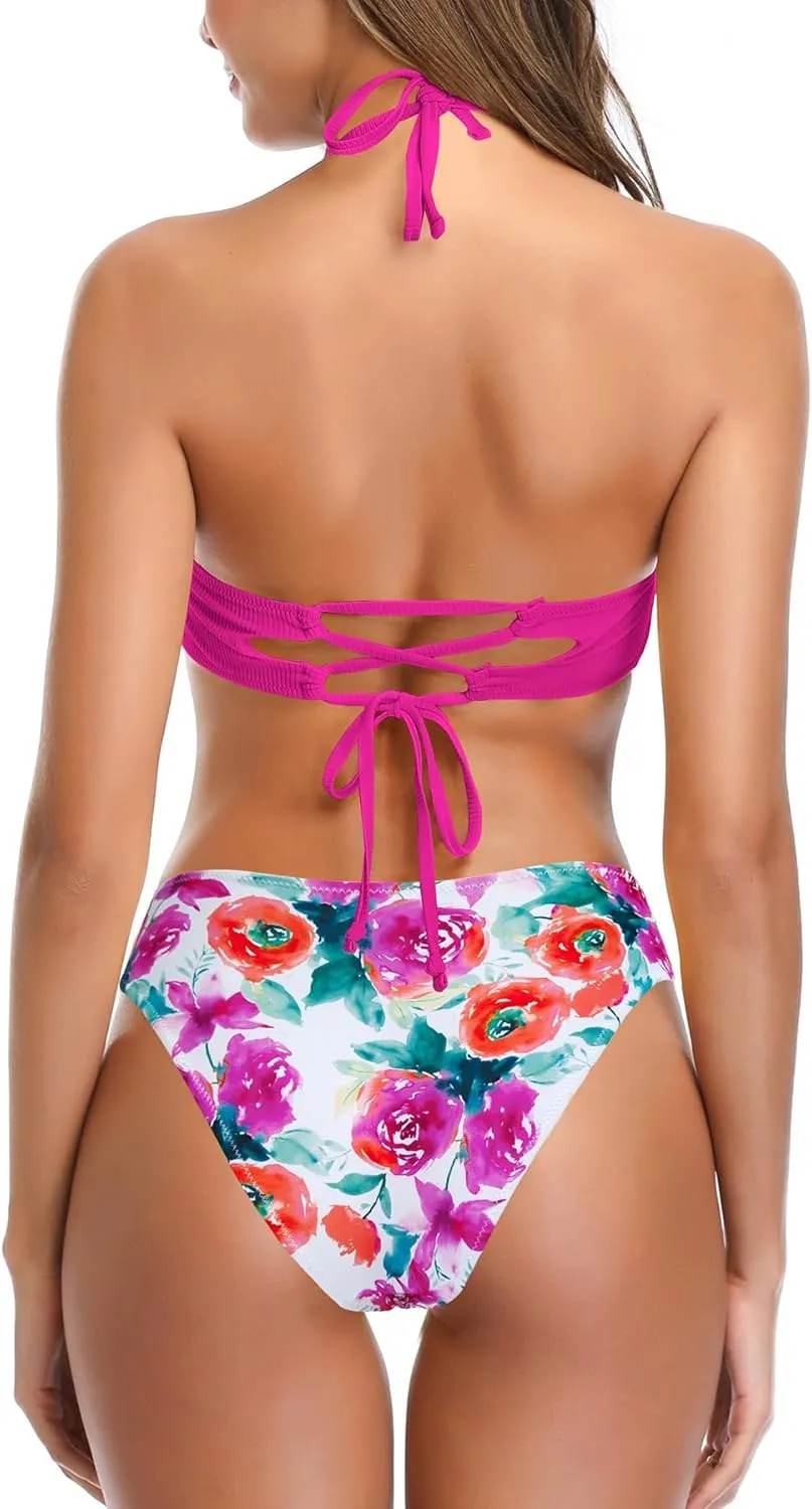 SHEKINI Women's Strapless Bandeau Bathing Suit Halter Lace Up Bikini V Cut Two Piece Swimsuits
