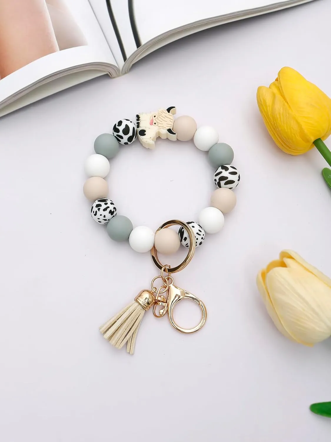 Silicone Key Ring Bracelet Beaded keychain Wristlet Beaded Bangle Wristlet Keychain House Car Keys for Women