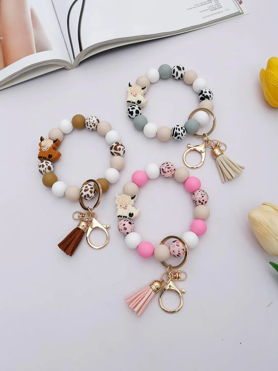 Silicone Key Ring Bracelet Beaded keychain Wristlet Beaded Bangle Wristlet Keychain House Car Keys for Women