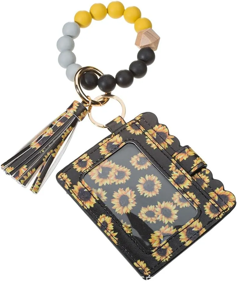 Silicone Wood Beaded Wristlet Tassel Keychain with Card Holder Bracelet Keyring with Leopard Wallet Credit Card Case