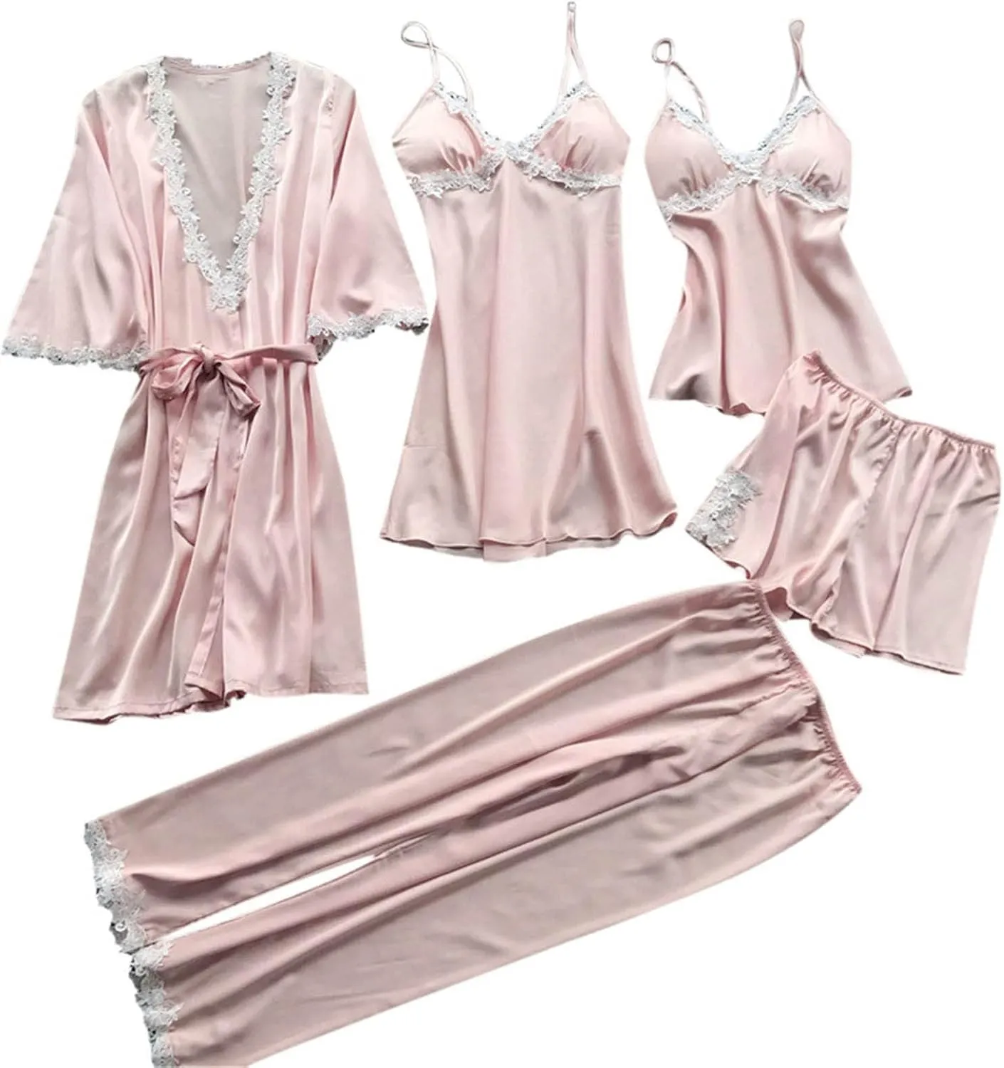 Silk Pajamas for Women 5PCS Sexy Lace Trim Camisole Top Shorts and Pants Pjs Set Nightgowns and Robes Satin Sleepwear