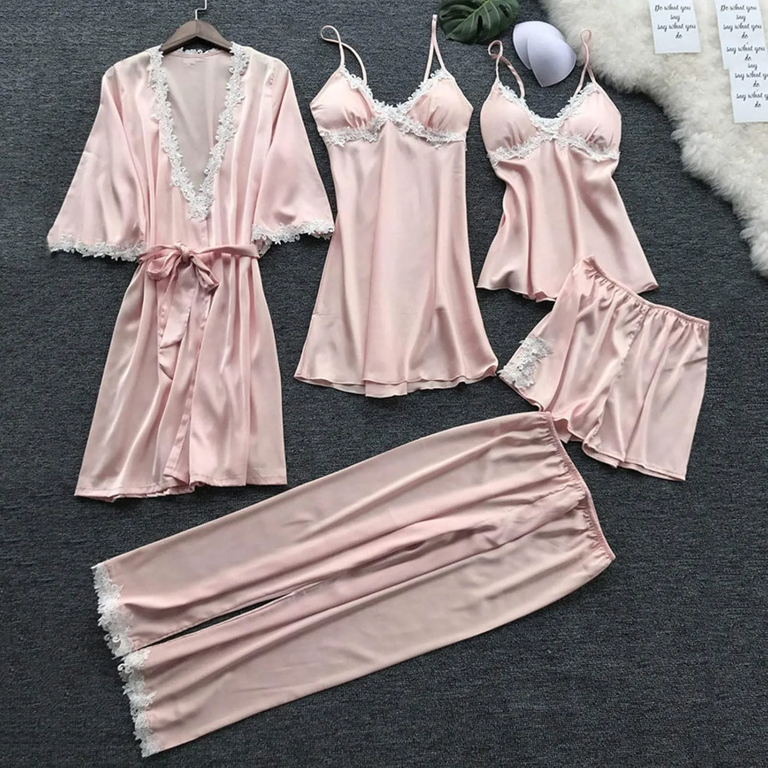 Silk Pajamas for Women 5PCS Sexy Lace Trim Camisole Top Shorts and Pants Pjs Set Nightgowns and Robes Satin Sleepwear