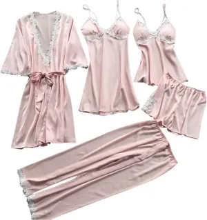 Silk Pajamas for Women 5PCS Sexy Lace Trim Camisole Top Shorts and Pants Pjs Set Nightgowns and Robes Satin Sleepwear