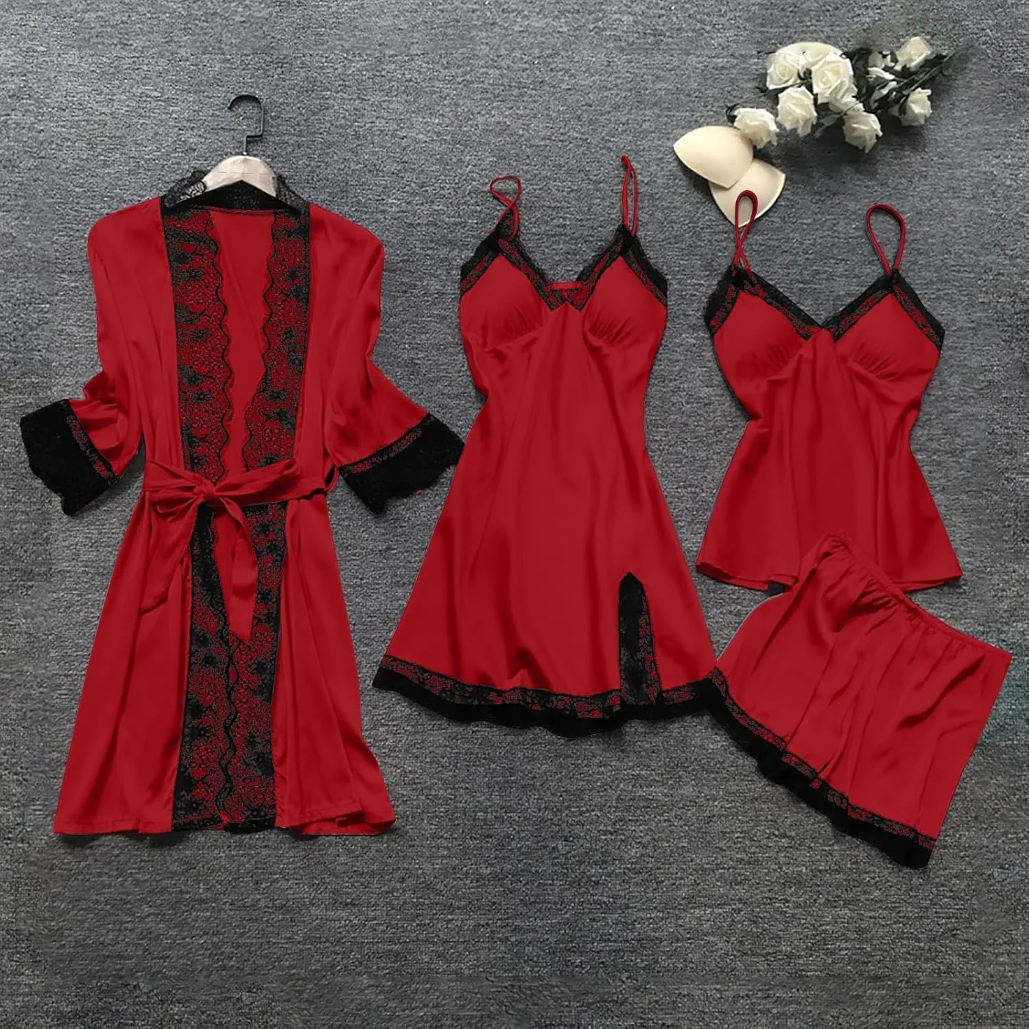 Silk Pajamas for Women Set 4PCS Sexy Lace Trim Camisole Top Shorts Pjs Set Soft Comfy Sleepwear with Nightgowns Robes