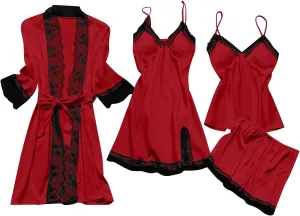 Silk Pajamas for Women Set 4PCS Sexy Lace Trim Camisole Top Shorts Pjs Set Soft Comfy Sleepwear with Nightgowns Robes