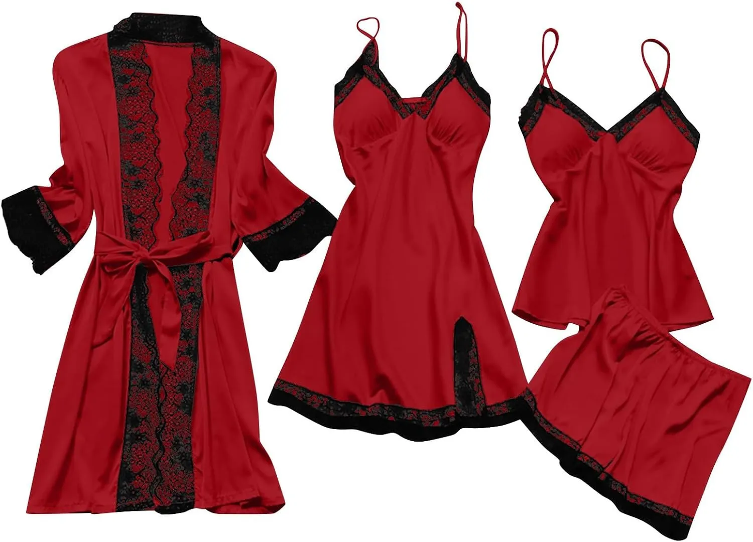 Silk Pajamas for Women Set 4PCS Sexy Lace Trim Camisole Top Shorts Pjs Set Soft Comfy Sleepwear with Nightgowns Robes