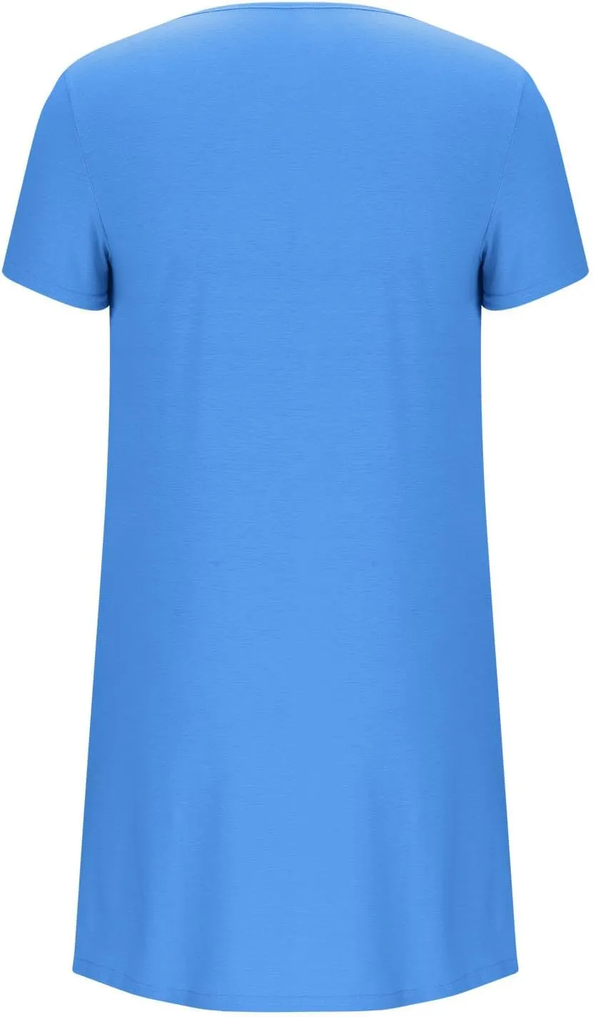 Sleep Shirts Women Short Sleeve Nightgown Round Neck Sleep Dress Pleated Night Shirts Loose Soft Nighty with Pockets