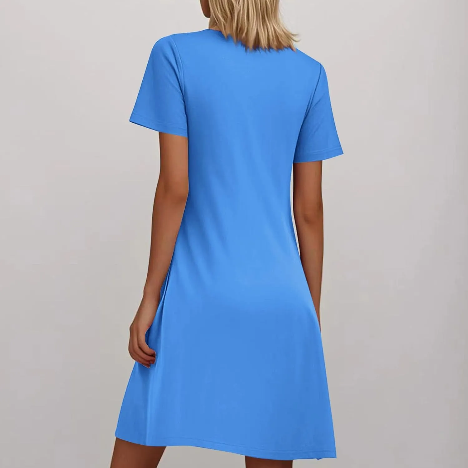 Sleep Shirts Women Short Sleeve Nightgown Round Neck Sleep Dress Pleated Night Shirts Loose Soft Nighty with Pockets