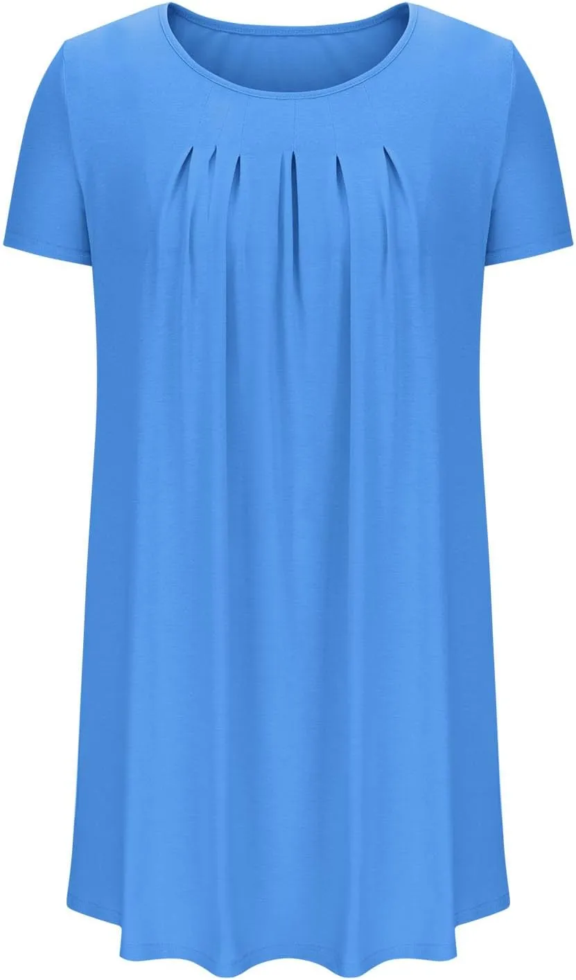 Sleep Shirts Women Short Sleeve Nightgown Round Neck Sleep Dress Pleated Night Shirts Loose Soft Nighty with Pockets