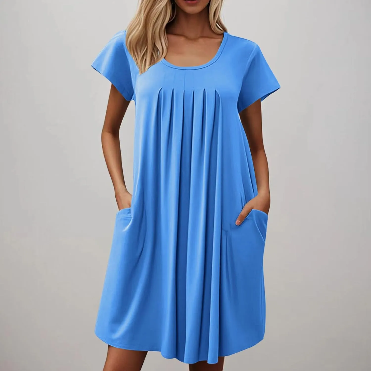 Sleep Shirts Women Short Sleeve Nightgown Round Neck Sleep Dress Pleated Night Shirts Loose Soft Nighty with Pockets