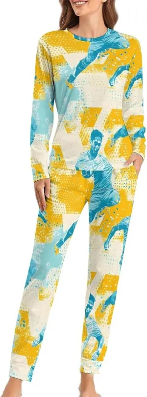 Soccer Players Football Ball Pajama Sets for Women 2 Piece Long Sleeve Top And Pants Soft Sleepwear Loungewear Set