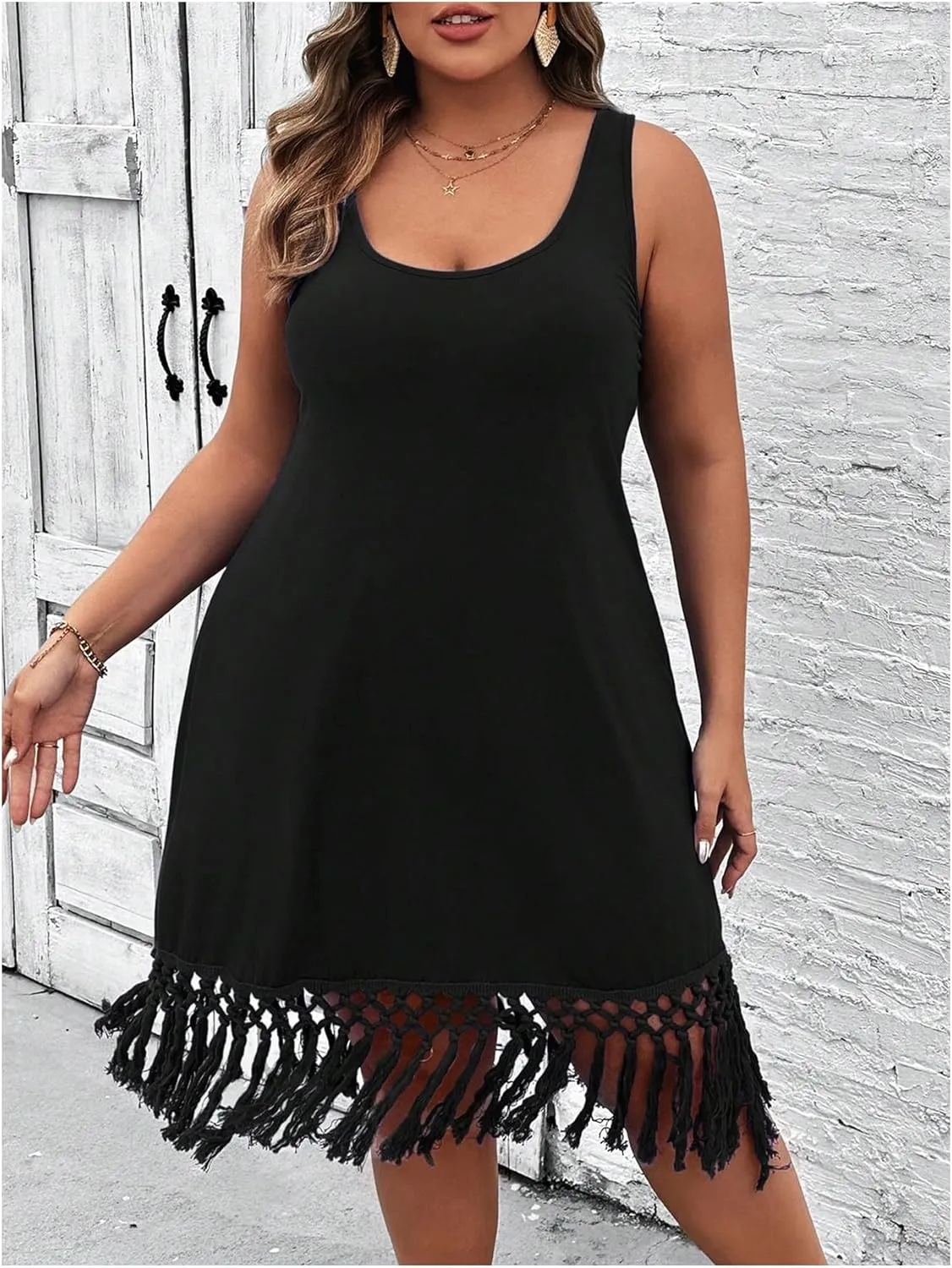 SOLY HUX Women's Plus Size Boho Summer Fringe Trim Sleeveless Tank Dress Beach Vacation Midi Dresses