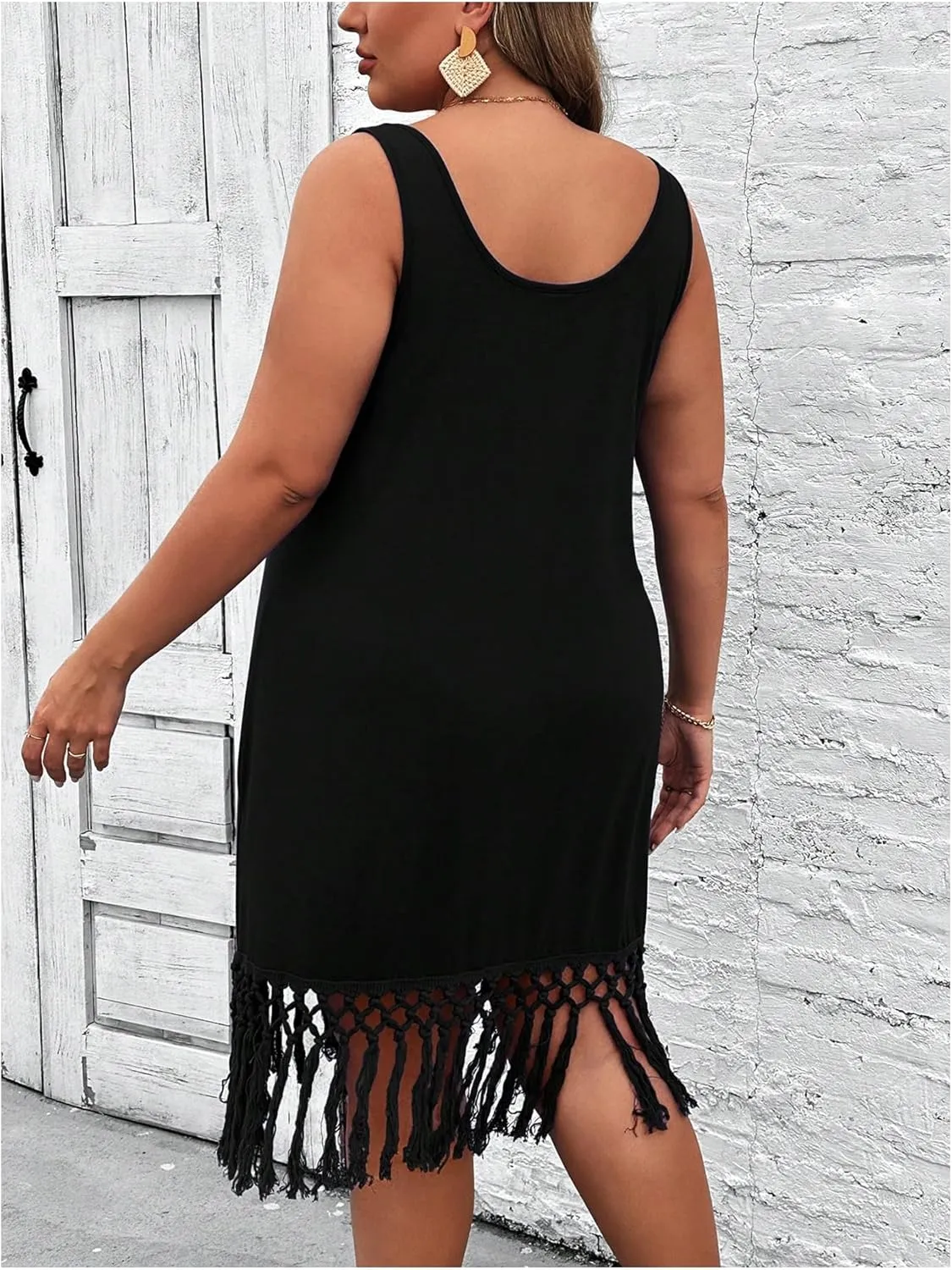 SOLY HUX Women's Plus Size Boho Summer Fringe Trim Sleeveless Tank Dress Beach Vacation Midi Dresses