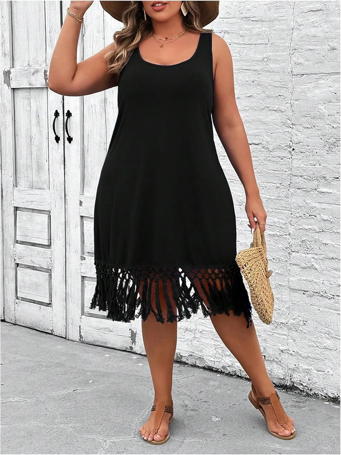SOLY HUX Women's Plus Size Boho Summer Fringe Trim Sleeveless Tank Dress Beach Vacation Midi Dresses