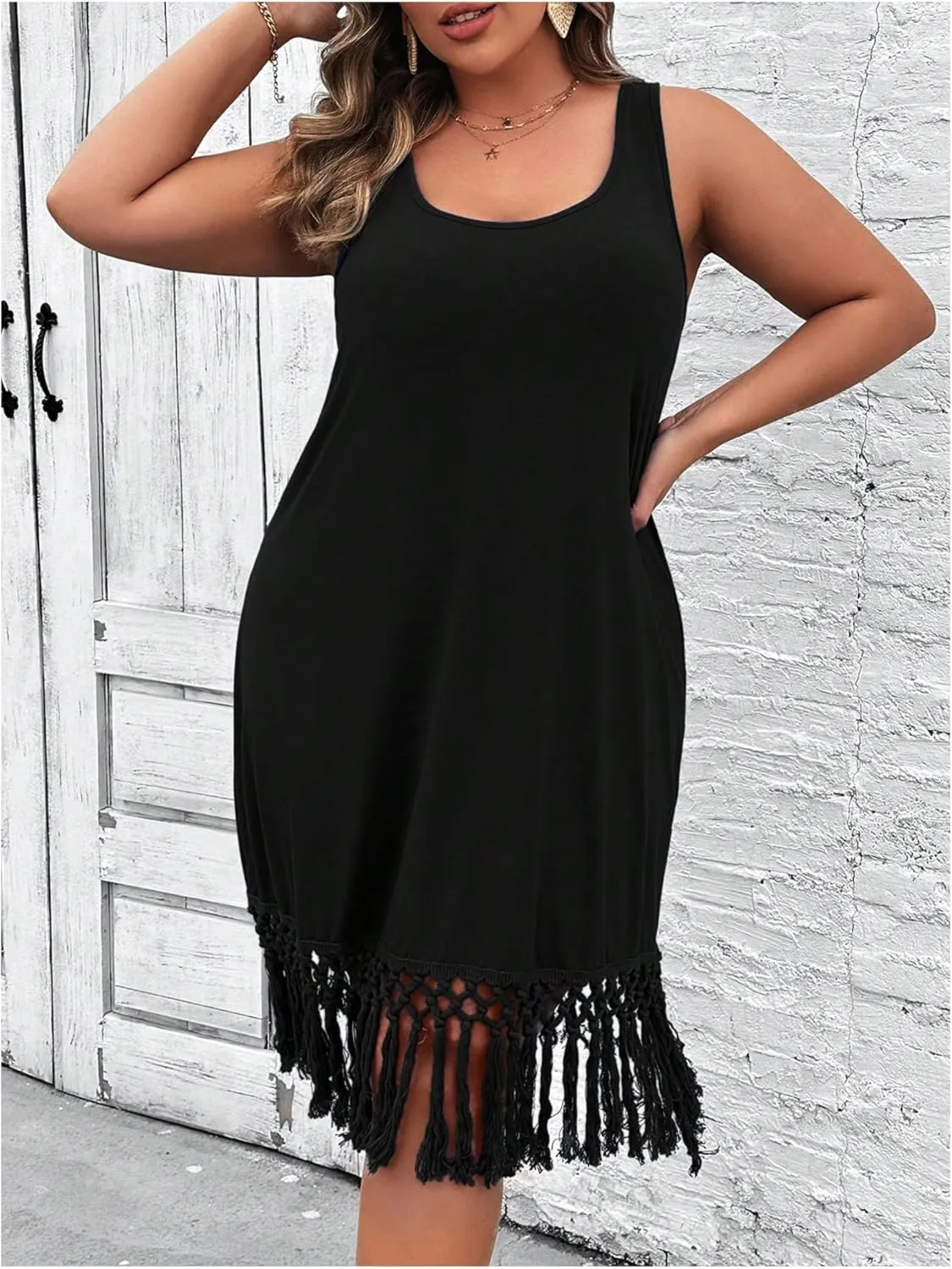 SOLY HUX Women's Plus Size Boho Summer Fringe Trim Sleeveless Tank Dress Beach Vacation Midi Dresses