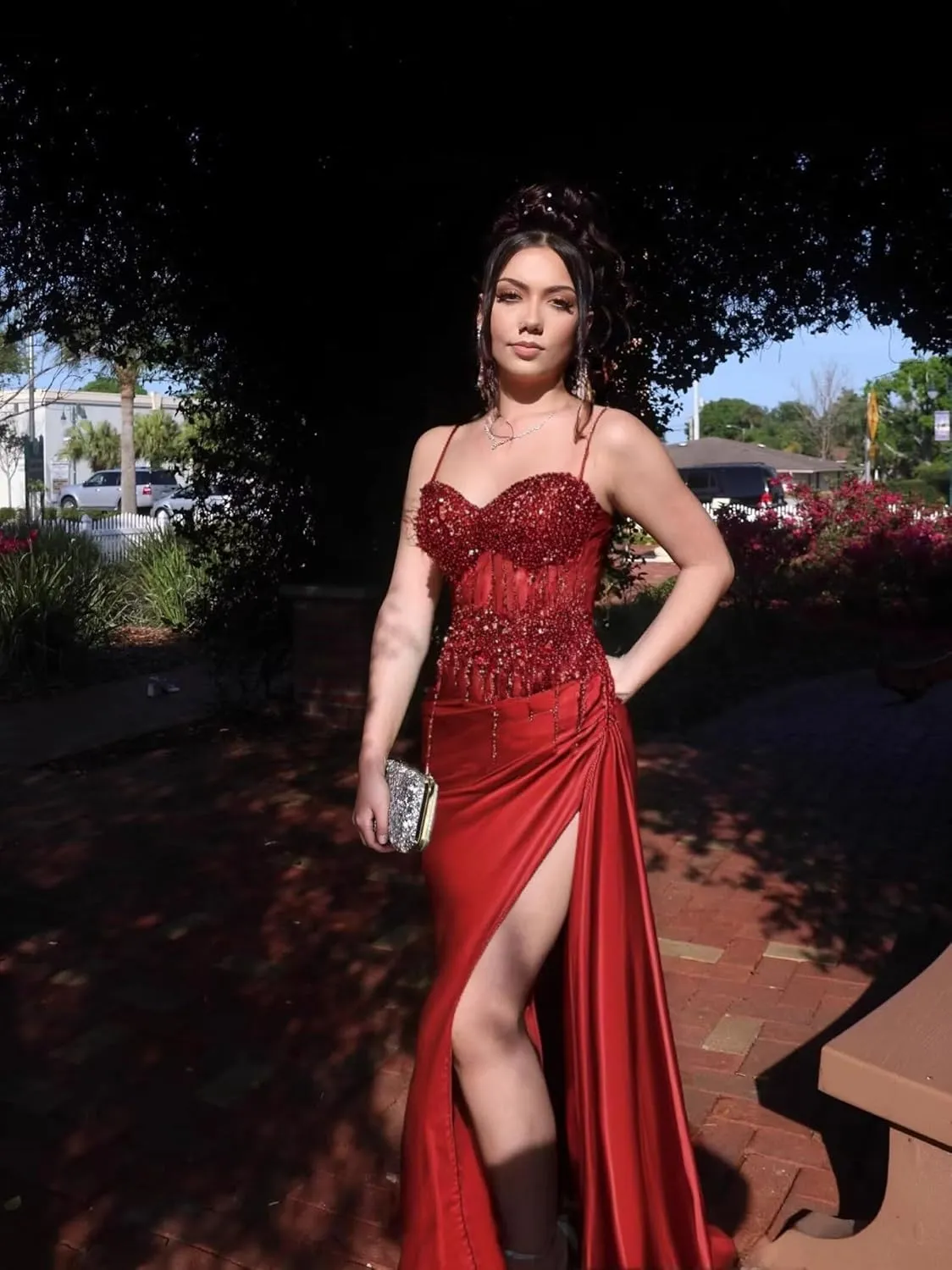 Sparkly Beaded Satin Prom Dresses with Slit Lace Appliques Spaghetti Strap Long Mermaid Evening Gown