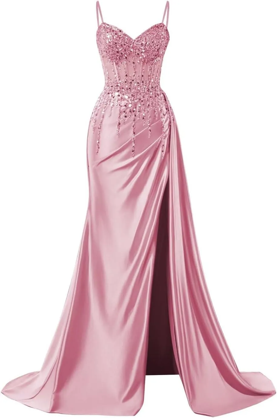 Sparkly Beaded Satin Prom Dresses with Slit Lace Appliques Spaghetti Strap Long Mermaid Evening Gown