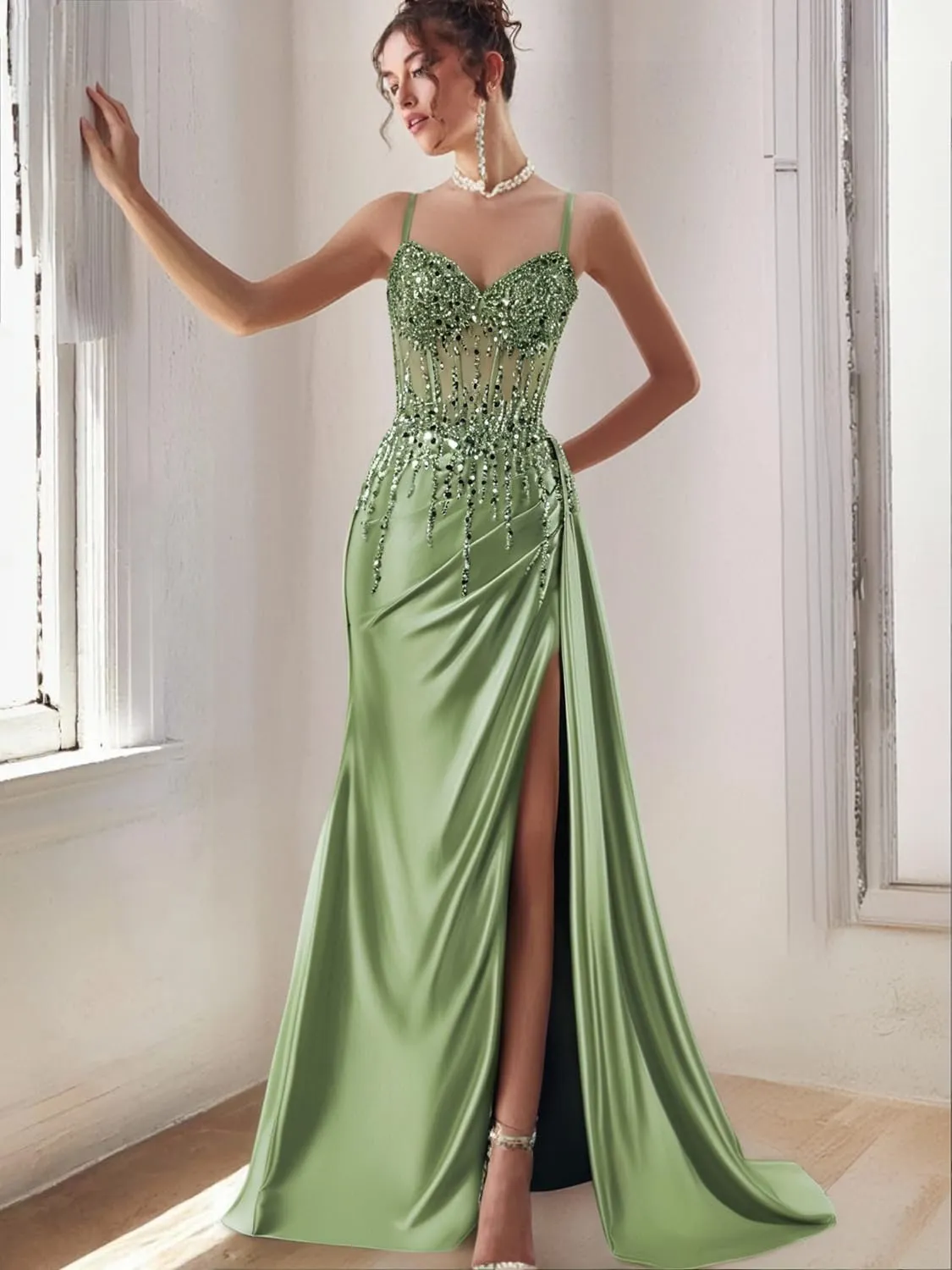 Sparkly Beaded Satin Prom Dresses with Slit Lace Appliques Spaghetti Strap Long Mermaid Evening Gown