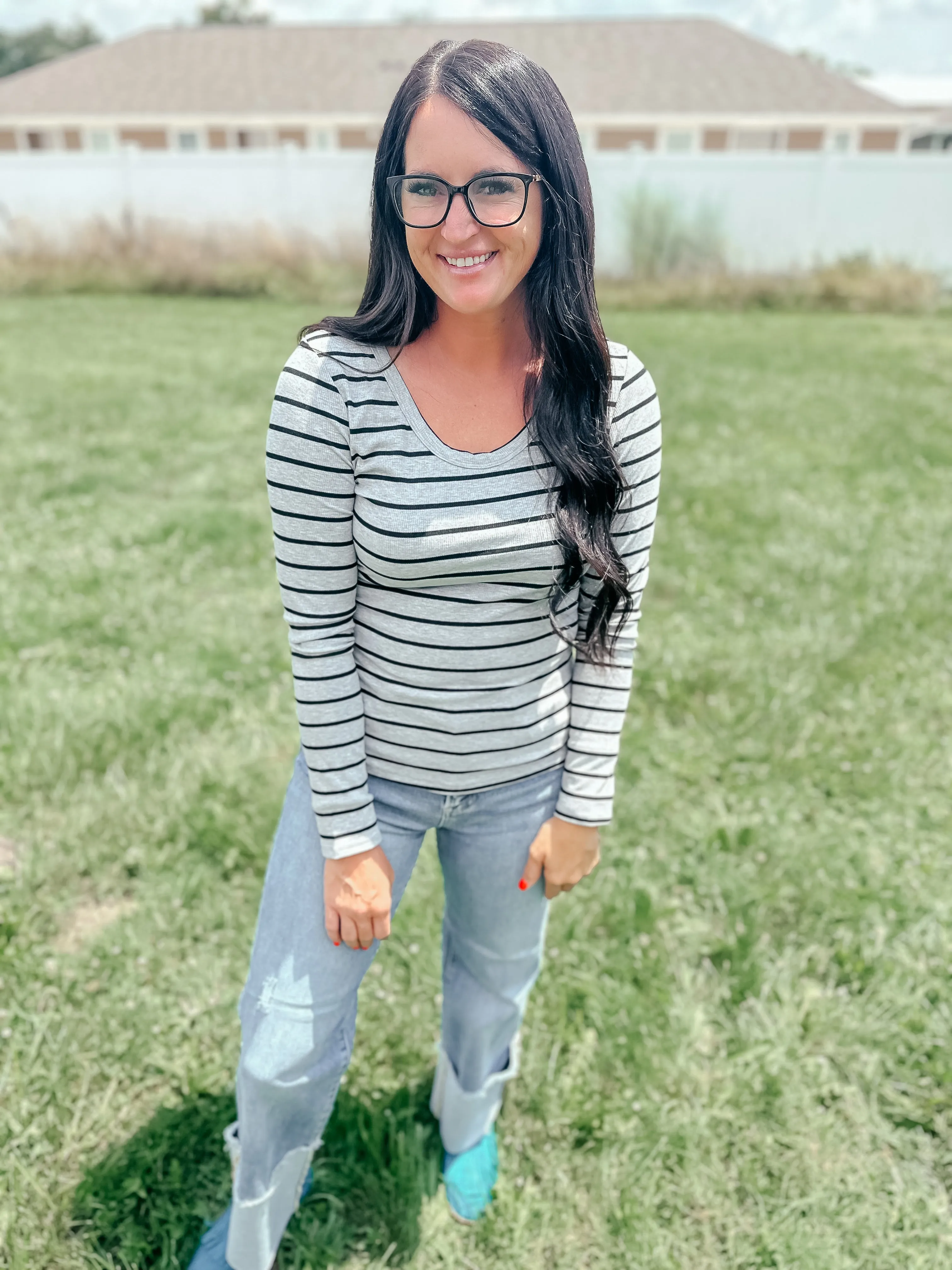 Stacy Swoop Neck Striped Top Gray