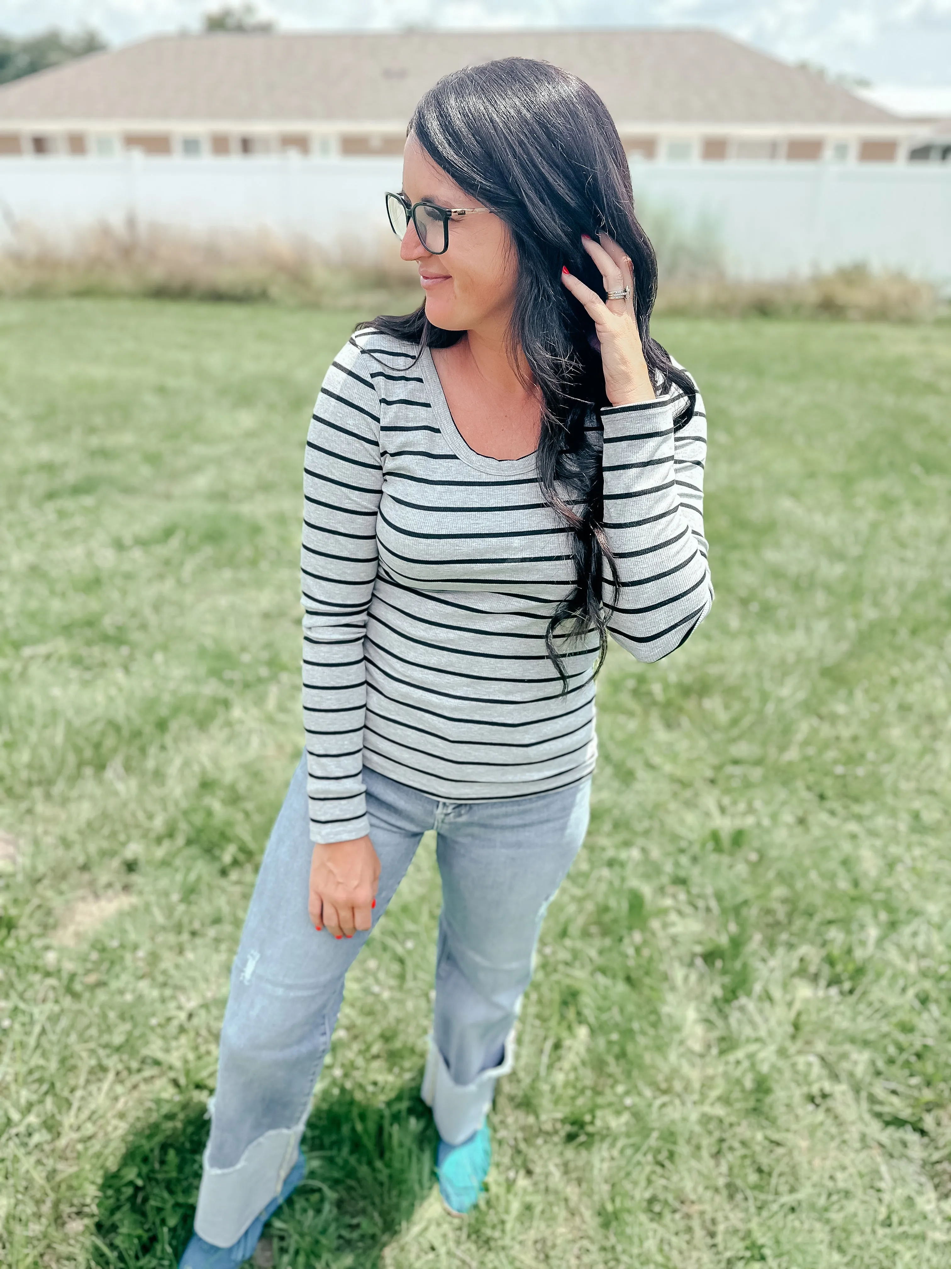 Stacy Swoop Neck Striped Top Gray