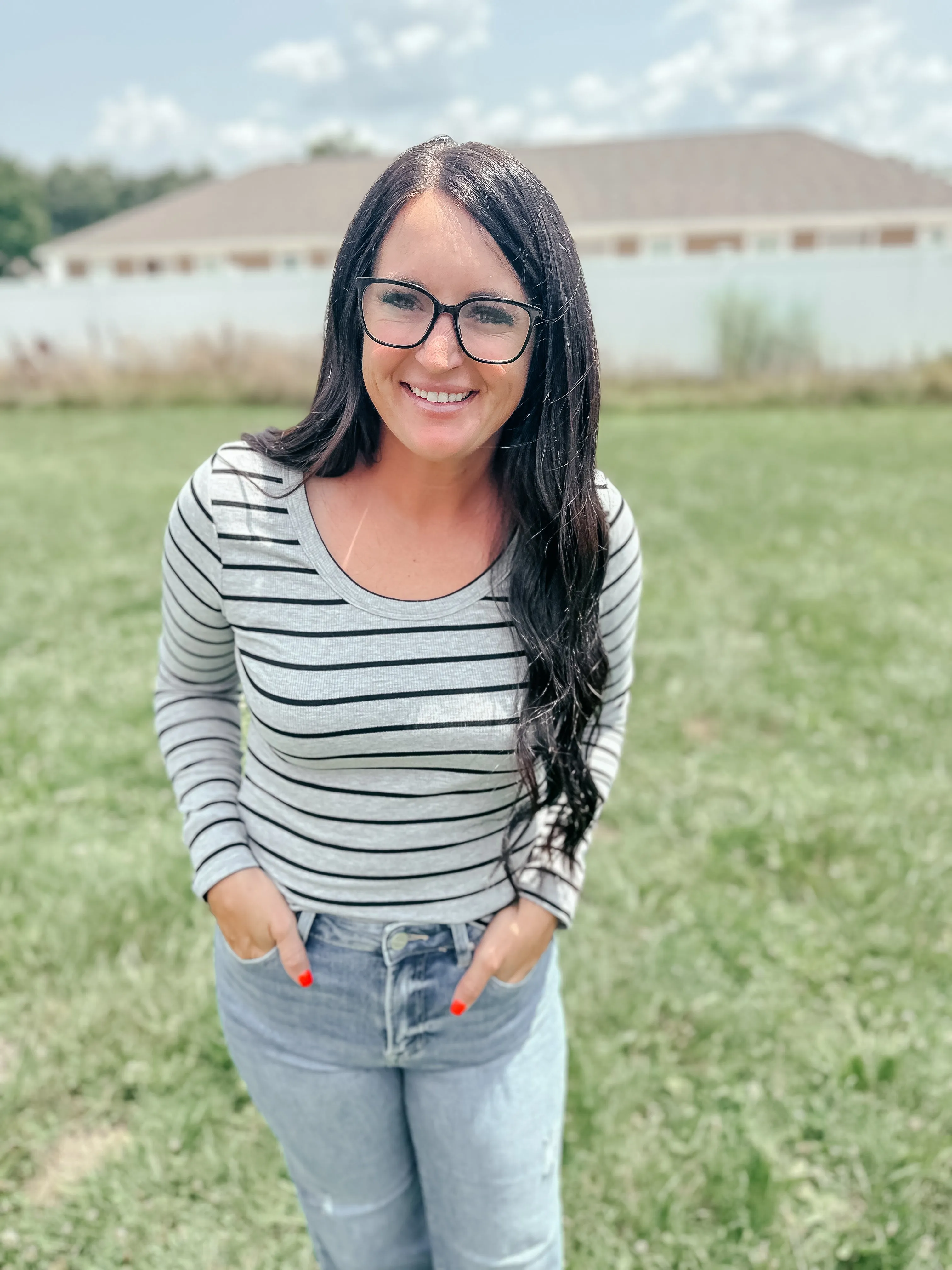 Stacy Swoop Neck Striped Top Gray