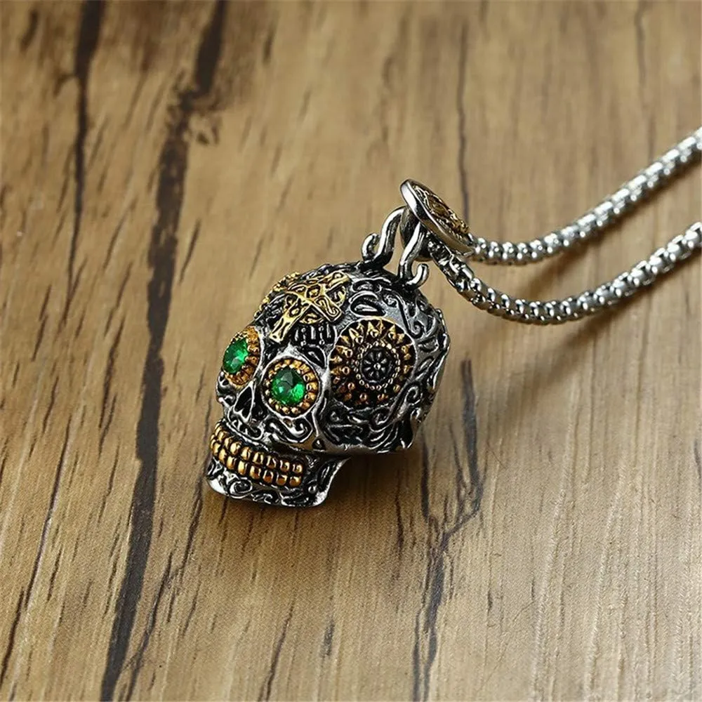 Stainless Steel Sugar Skull Pendant Necklace Gothic Skeleton Pendants for Men with 24inch Chain