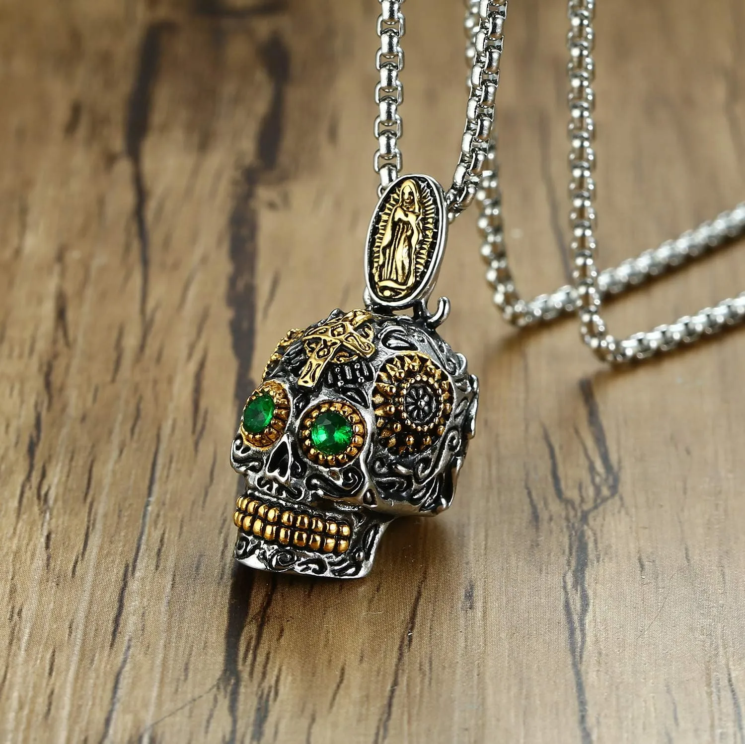 Stainless Steel Sugar Skull Pendant Necklace Gothic Skeleton Pendants for Men with 24inch Chain