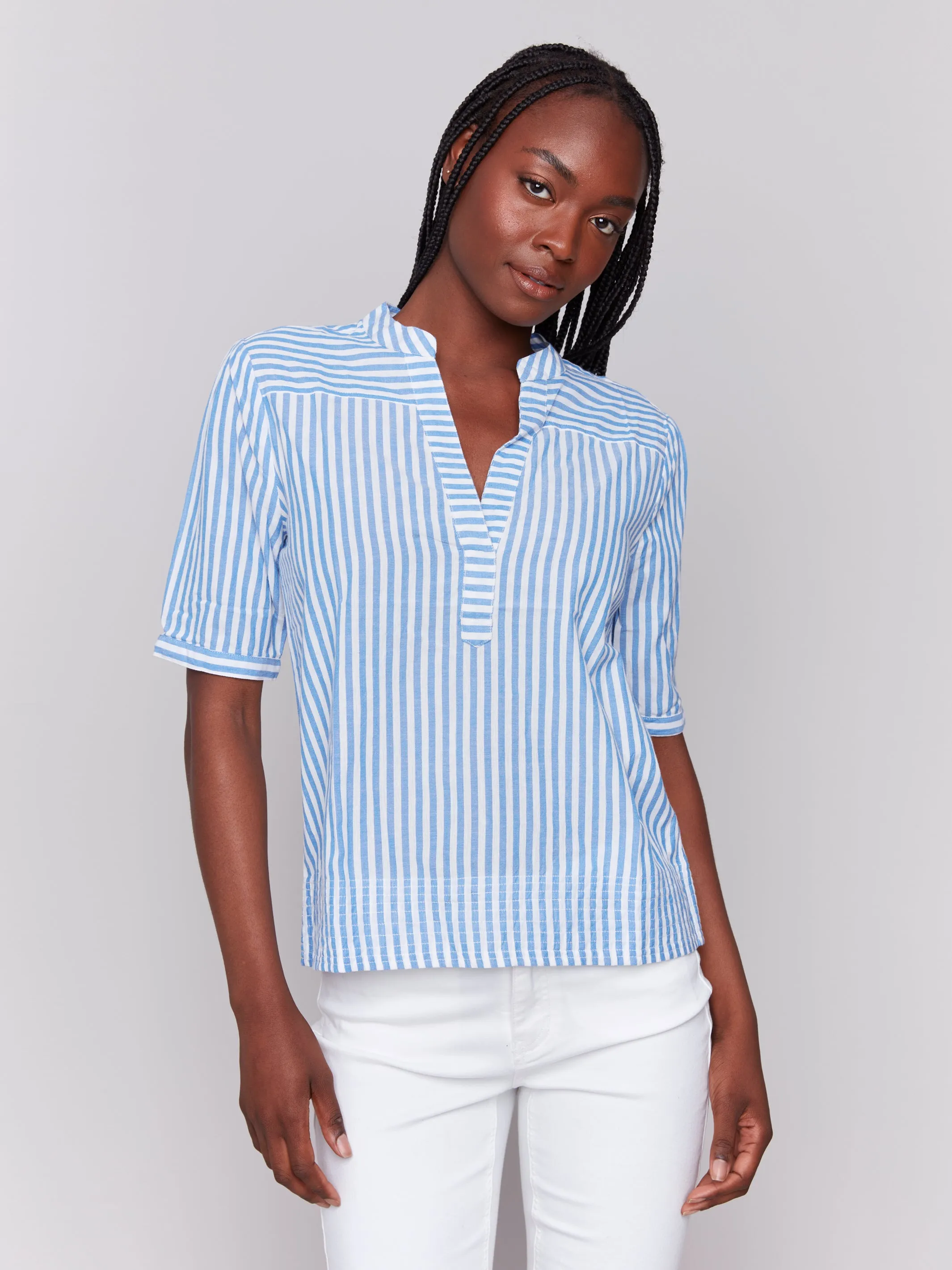 Striped Short Sleeve Blouse Denim by Charlie B