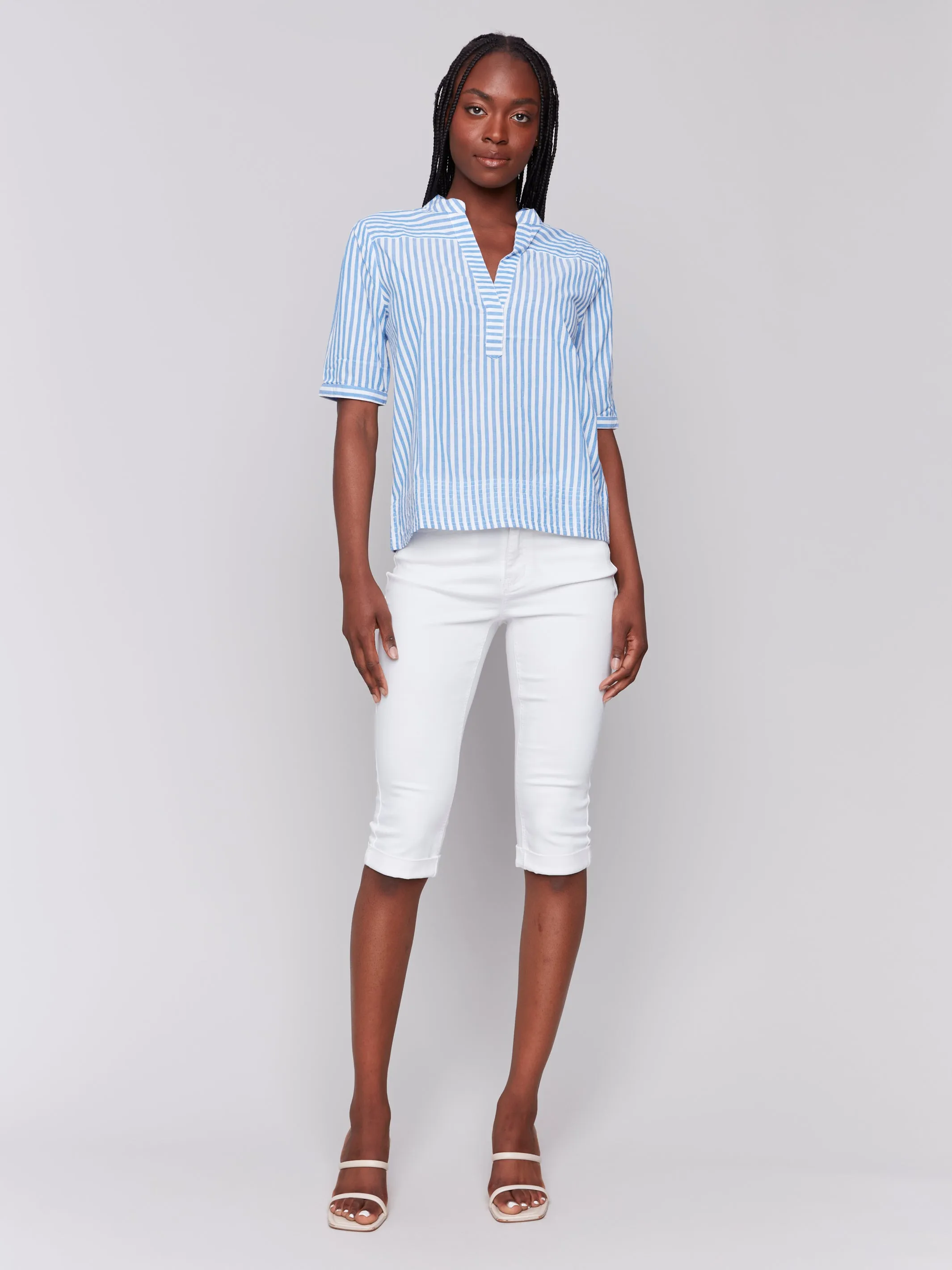 Striped Short Sleeve Blouse Denim by Charlie B