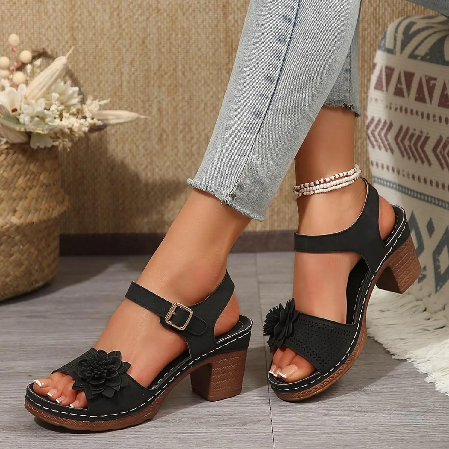 SuanlaTDS Chunky Block Heels Sandals for Women Summer 2025 Flower Open Toe Buckle Ankle Strap Platform Arch Support Comfortable Outdoor Walking Shoes Low Heeled Sandal for Daily Wear