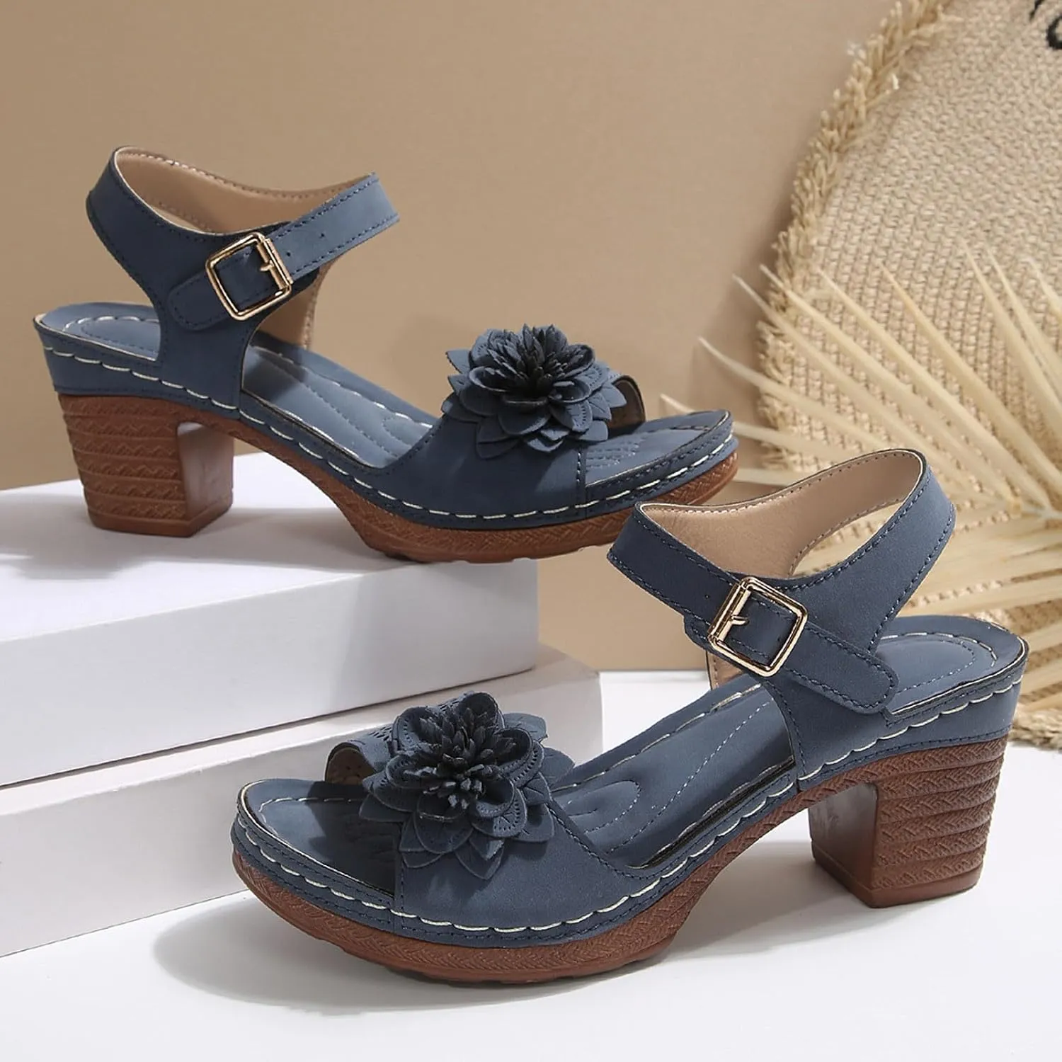 SuanlaTDS Chunky Block Heels Sandals for Women Summer 2025 Flower Open Toe Buckle Ankle Strap Platform Arch Support Comfortable Outdoor Walking Shoes Low Heeled Sandal for Daily Wear