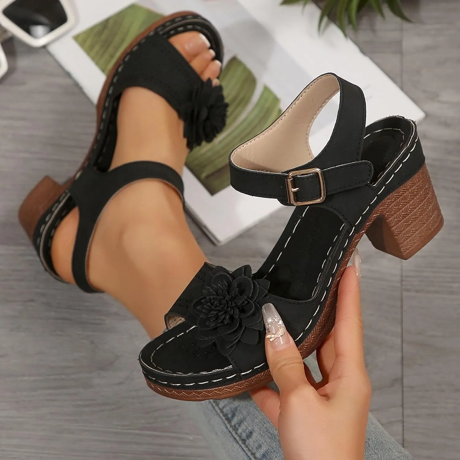 SuanlaTDS Chunky Block Heels Sandals for Women Summer 2025 Flower Open Toe Buckle Ankle Strap Platform Arch Support Comfortable Outdoor Walking Shoes Low Heeled Sandal for Daily Wear