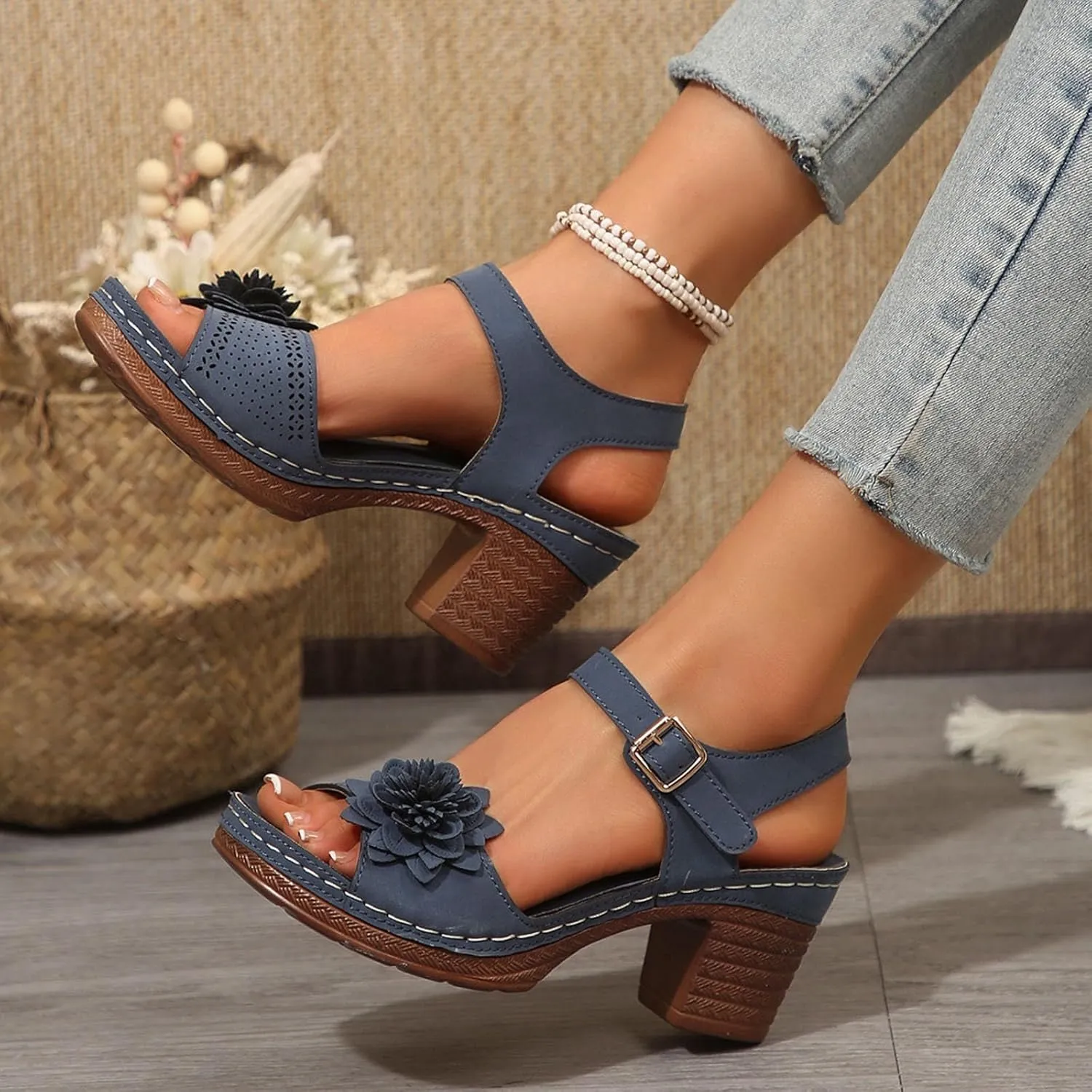 SuanlaTDS Chunky Block Heels Sandals for Women Summer 2025 Flower Open Toe Buckle Ankle Strap Platform Arch Support Comfortable Outdoor Walking Shoes Low Heeled Sandal for Daily Wear